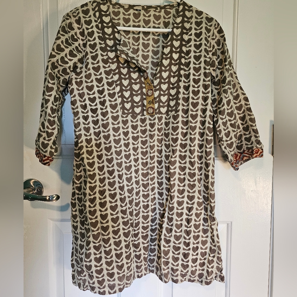 Brown and Cream Heart Patterned Tunic Top Women's Sz M